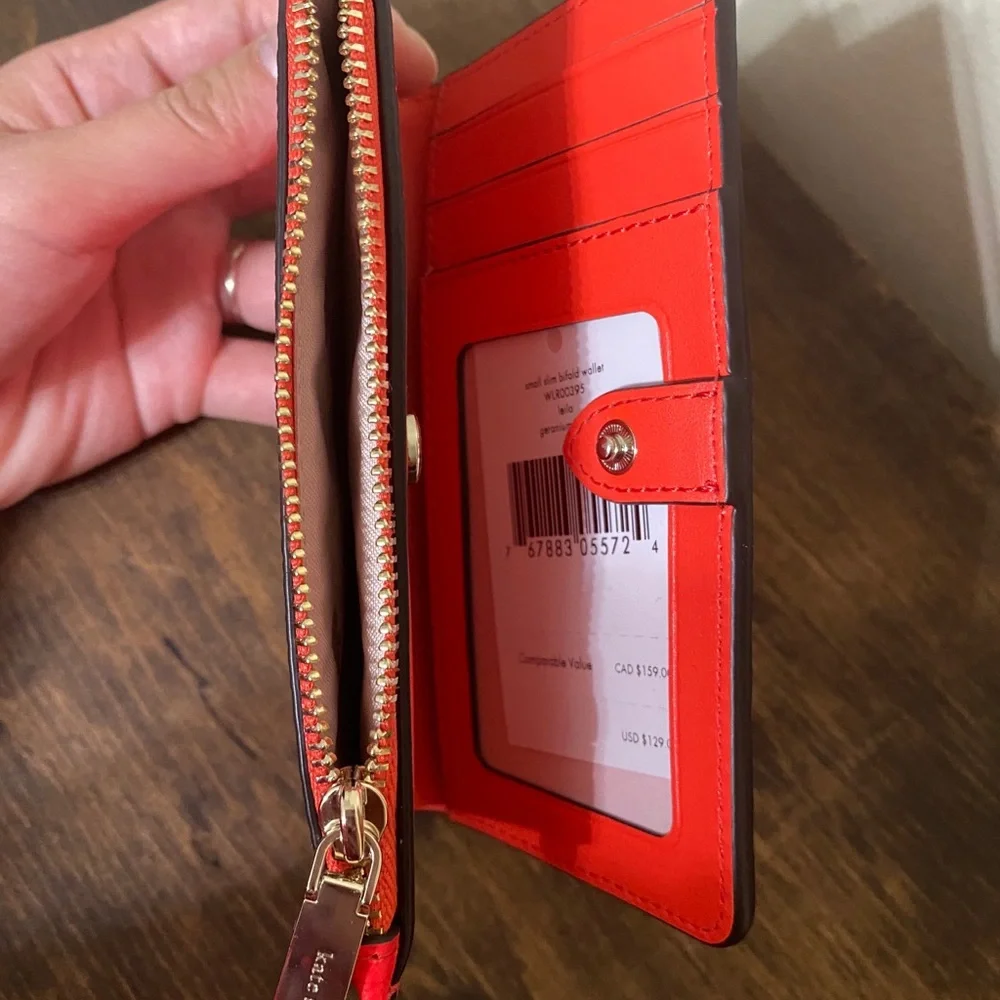 kate spade Red Pebbled Leather Zip Card Holder with Gold Logo